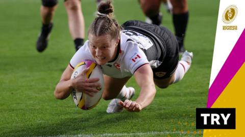 Canada's Justine Pelletier scores a try