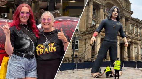 Holly and Julie, wearing Ozzy Osbourne t-shirts, and an inflatable Ozzy Osbourne being put up in Birmingham
