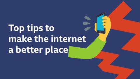 Text reads 'Top tips to make the internet a better place'. On blue background with a graphic of an arm holding a smartphone.