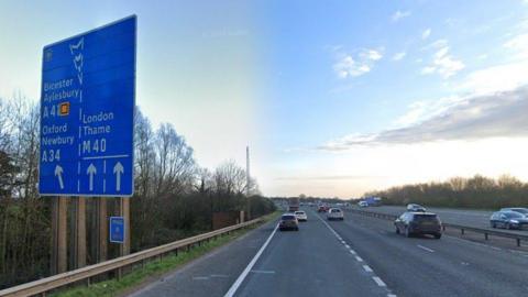 Junction 9 of the M40 southbound. Cars can be seen passing a blue junction sign.