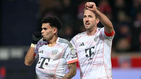 Harry Kane and Luis Diaz celebrate scoring for Bayern Munich