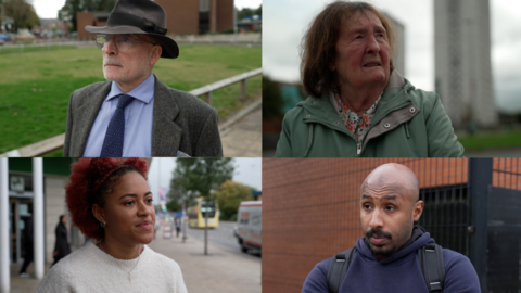 A collage image of four BBC contributors discussing flag waving, patriotism and Gary Neville's comments in Salford, Greater Manchester, UK