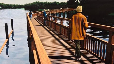 A computer generated image of a long footbridge footbridge across the river Thames. Trees can be seen in the background and a CGI woman is walking across it, with further people seen down the end of the bridge.
