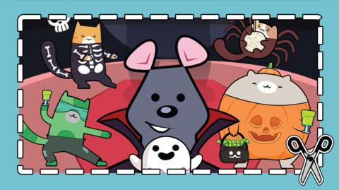 Karate Cats Maths characters in an arena wearing Halloween costumes: skeleton, Dracula, pumpkin.