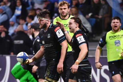 Ally Miller celebrates his first Glasgow try