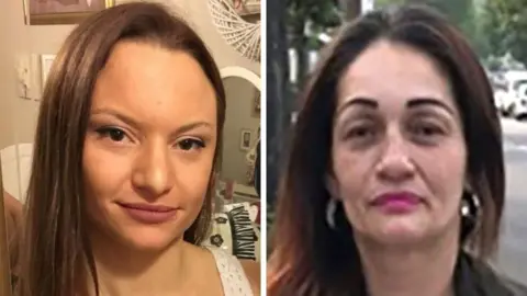 A composite image of Sheryl Wilkins, 39, with long light brown hair and Carmenza Valencia-Trujillo, 53, in a black leather jacket with hoop earrings.