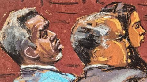Sean "Diddy" Combs listens alongside his lawyers Marc Agnifilo and Teny Geragos in a court sketch