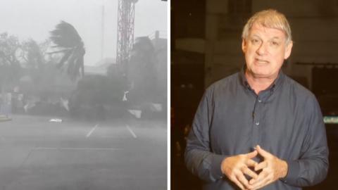Correspondent Jonathan Head in Luzon Island as typhoon makes landsdfall. On the left, a photograph showing bending trees