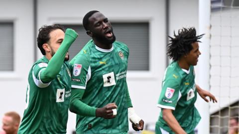 Alassana Jatta celebrates scoring for Notts County at Harrogate