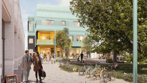 A CGI image of how the new community centre building in Blackbird Leys will look. People are walking in front of the building. Bicycles are parked near the green space opposite the centre.