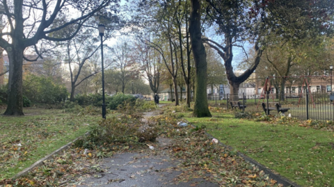 A park pathway covered with fallen branches, leaves, and scattered debris after Storm Ciaran in 2023. The sky is partly cloudy and houses can be seen in the background beyond the Parade.