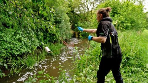 A worker stands on green grass by the banks of a brown stream. He is wearing dark clothes and is swinging a metal cup towards the brown stream on which white frothy bubbles float. There is lush green foliage all around.