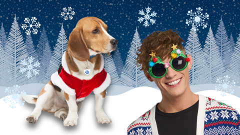 Henry and Joel wearing Christmas jumpers, against a snowy background