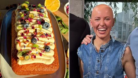 A split image, on the left a lemon and blueberry loaf cake, on the right GBBO winner Jasmine Mitchell.