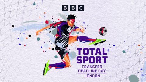 light purple background with a footballer in bright watercolours in action kicking a football next to the words 'total sport transfer deadline day london'