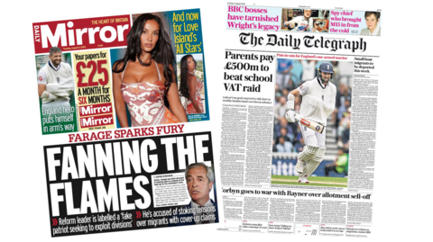 The Mirror's headline is "Fanning the flames" and the Daily Telegraph's headline is "Parents pay £500m to beat school VAT raid"