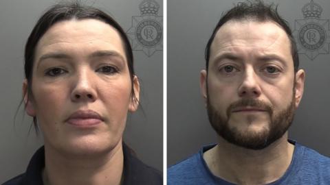 A composite image of police mugshot photos of Pamela Martin (left) and Christopher O'Kane - head and shoulders - taken against a plain grey background. A faint police crest watermark appears behind each head. The lighting is even and neutral, with both people looking directly at the camera. Martin has dark hair and eyes and is wearing a dark top. O'Kane has fair hair and a beard. He is wearing a blue top.