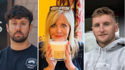 A collage of a man wearing a black T-shirt, a woman holding a candle, and another man wearing a grey hooded top.