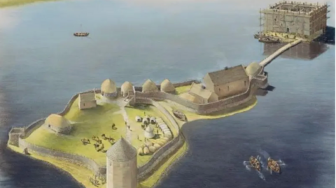 A visualisation showing the previously unknown castle at Finlaggan. It shows two small islands in a loch. The nearest one has thatched roof buildings and a conical-shaped tower. The furthest island has a stone keep and is connected to the other island by a bridge.
