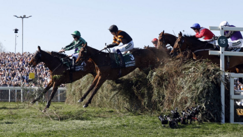 Last year's winner Nick Rockett jumps one of Aintree's famous fences with another horse in front of packed spectators