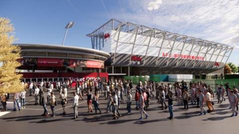 Computer generated image of how the new upgraded stadium would look from the outside. A large round ticket office building sits next to large white seating stand. The concourse is full of people walking towards the building.