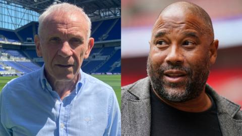 A composite of Peter Reid and John Barnes. Peter Reid has short grey hair and is wearing a light blue shirt. John Barnes has no hair and has a dark beard. He is wearing a tweed jacket.