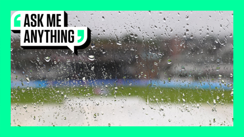 Rain at the County Ground in Taunton with an Ask Me Anything border around it