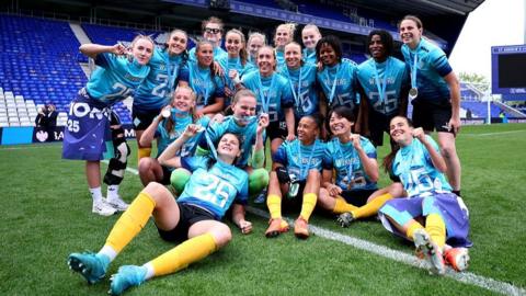 London City Lionesses players celebrate winning WSL 2 last season