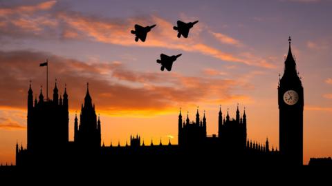 Fighter jets over the London cityscape at sunset