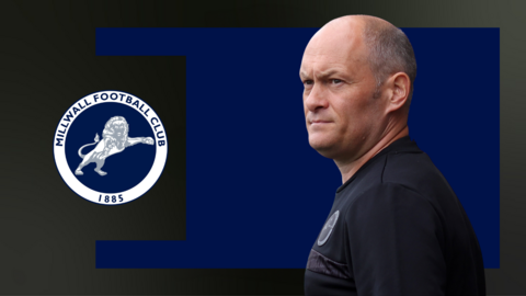 A photo of Millwall boss Alex Neil next to the club badge