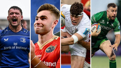 Leinster's Andrew Porter, Jack Crowley of Munster, Ulster's Cormac Izuchukwu and JJ Hanrahan of Connacht