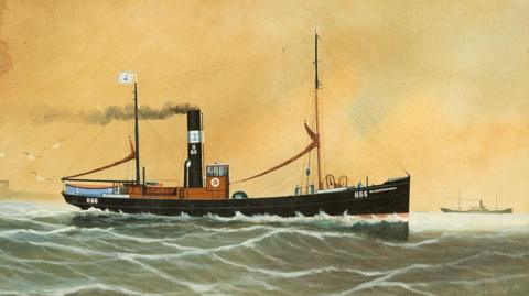 A trawler boat is painted in watercolour and making its way through the ocean with steady waves. A person can be seen at the front of the boat. Seagulls can be seen flying behind it and the sky is yellow. Another boat can be seen in the distance.