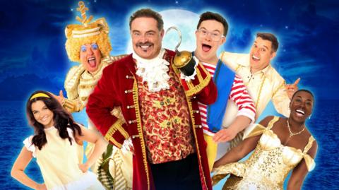 A composite image of six stars of the pantomime in their costumes, including John Thomson as Captain Hook.