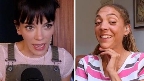 A composite image of Lily Allen and Miquita Oliver on the Miss Me? podcast. Lily looks shocked and Miquita is smiling