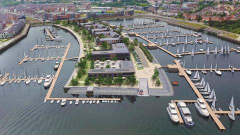 An artist's impression of Barry marina, showing a large curved piece of land extending into a body of water with buildings and trees on it. Either side of the land there are marina jetties with a number of boats on it. 