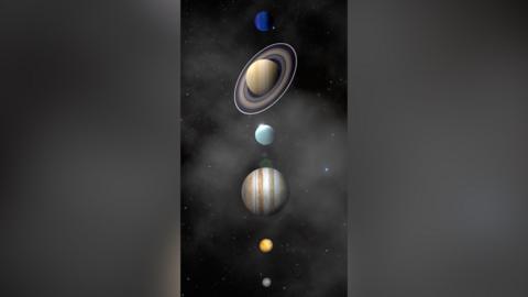 A graphic illustration of six planets in a row