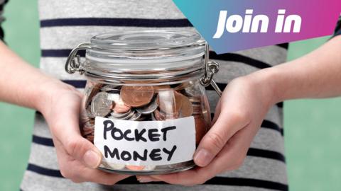 A child holds a jar of pocket money. In the corner is a graphic which says join in