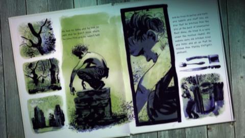 A graphic novel  - open on two pages showing a figure crouching on top of a stone plinth.