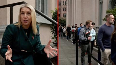 Split screen of 鶹's Anna Foster and voters queuing 