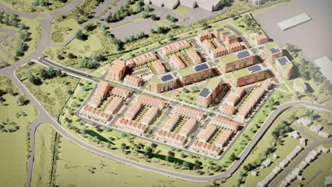 Artist's impression of an aerial shot of a housing development of 400 homes, showing road layouts, grassy areas, trees and pathways