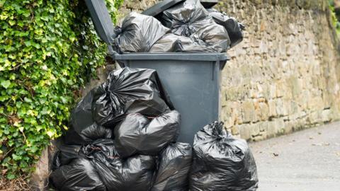 A full wheelie bin with an open lid and rubbish bags overflowing onto the pavement. A stone wall can be seen behind the wheelie bin, with leaves growing out of the wall. 