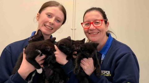 Two women are holding kittens. The woman on the left is holding three small black kittens, one has white paws and she is smiling at the camera. The woman next to her has glasses on with red frames. The two kittens she is holding are looking at the camera. 