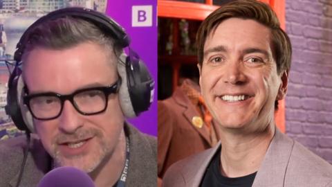 Split screen picture. On left presenter Ed James in a radio studio wearing headphones, glasses and grey blazer. On right actor Oliver Phelps, smiling wearing a pink jacket and black t-shirt.