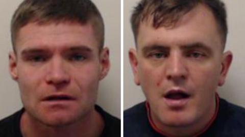 Police mughots of Simon Roberts and Sean McKie side by side. They both have short, brown hair and are wearing black tops. They are both staring at the camera and McKie has his month open.