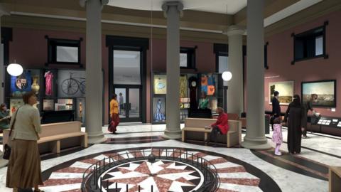Artist's impression of the inside of the Harris museum following a £19.2m refurbishment, showing visitors having a look at the artworks and displays.