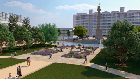 An artist impression of the new memorial garden showing people walking on the footpaths past flower beds with Hull College and the Wilberforce Monument in the background