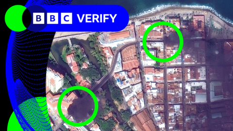 Green circles shown around the point of fire on a satellite image of Puerto Vallarta as black plumes of smoke spread 