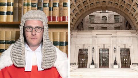A composite image showing on the left Mr Justice Chamberlain, a clean-shaven man wearing glasses with grey frames, dressed in his long judge's wig and red robes trimmed with white fur; and on the right, Thames House, the MI5 headquarters, a neoclassical 1930s building in grey stone with a prominent archway over its main entrance.