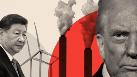 A montage image showing Xi Jinping, wind turbines and Donald Trump
