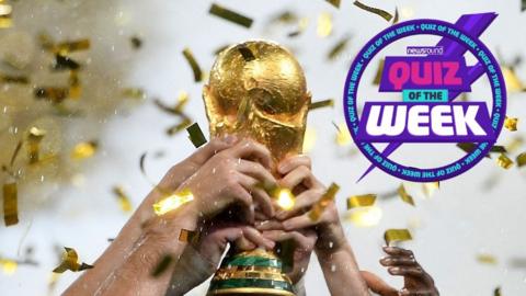 quiz of the week logo over hands holding the world cup trophy